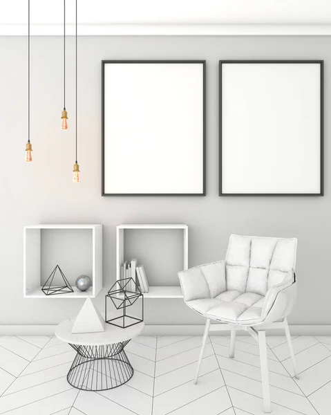 Mock up quadro de cartaz em fundo interior de luz, estilo moderno, renderização 3D, ilustração 3D, 3D viz — Fotografia de Stock