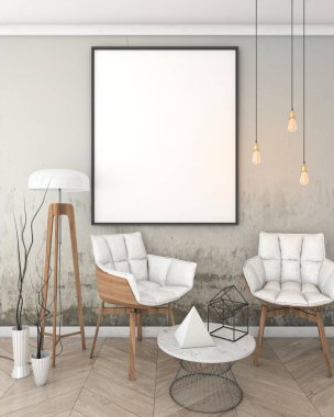 poster çerçevesi çatı iç arka plan, modern tarzı, 3d render, 3d çizim kadar alay