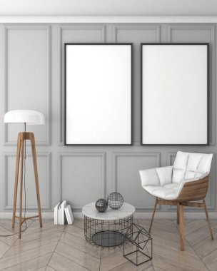 poster çerçevesi gri iç arka plan, Klasik stil, 3d render, 3d çizim kadar alay