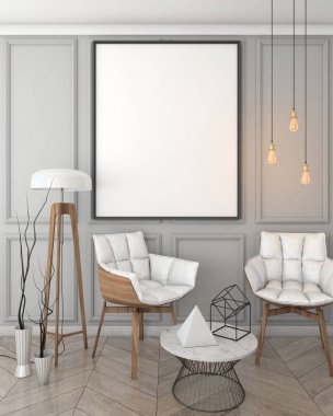 poster çerçevesi gri iç arka plan, Klasik stil, 3d render, 3d çizim kadar alay