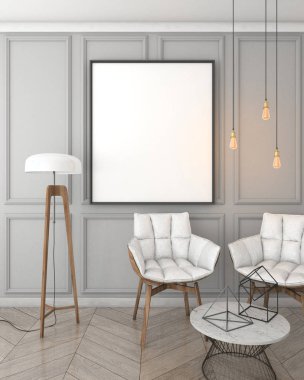 poster çerçevesi gri iç arka plan, Klasik stil, 3d render, 3d çizim kadar alay