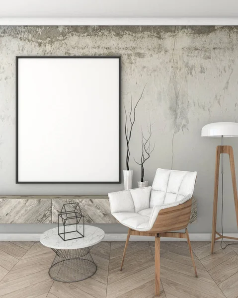 Håna upp affischram i 3d illustration, 3d render, modern stil, loft interiör bakgrund — Stockfoto