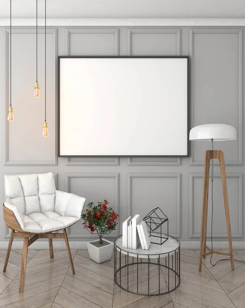 Mock up verlichte wissellijst in klassieke stijl, 3d render, grijze interieur achtergrond, 3d illustratie — Stockfoto