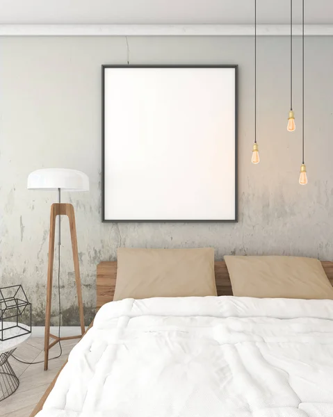 Håna upp affischram i grå inredning sovrum, modern stil, 3d render — Stockfoto