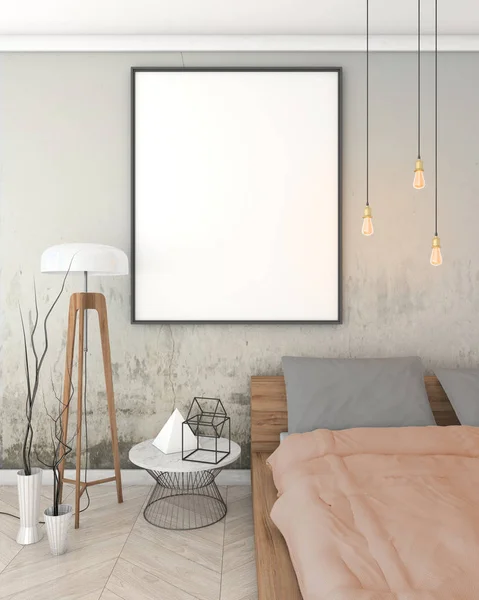 Håna upp affischram i grå inredning sovrum, modern stil, 3d render — Stockfoto