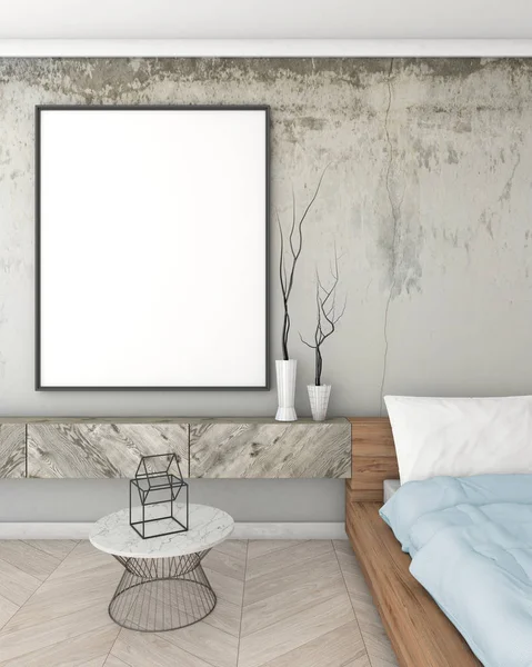 Makiety ramkę plakatu w szary sypialnia wnętrza, nowoczesny styl, 3d render — Zdjęcie stockowe