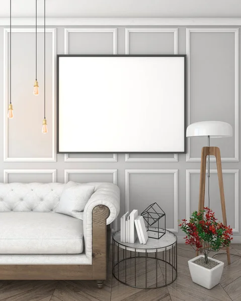 Mock up poster frame in grey interior background with sofa, classic style, 3D render, 3D illustration — Stock Photo, Image