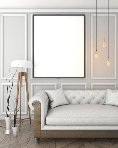 Mock up poster frame in grey interior background with sofa, classic style, 3D render, 3D illustration — Stock Photo, Image