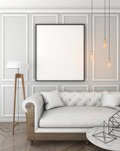 Mock up verlichte wissellijst in grijze interieur achtergrond met sofa, klassieke stijl, 3d render, 3d illustratie — Stockfoto