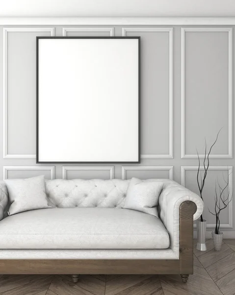 poster çerçevesi kanepe, Klasik stil, 3d render, 3d çizim ile gri iç arka plan dalga
