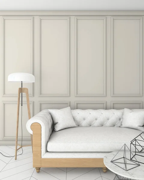 Håna upp beige interiör bakgrund med 3d illustration, 3d render, klassisk stil, soffa — Stockfoto
