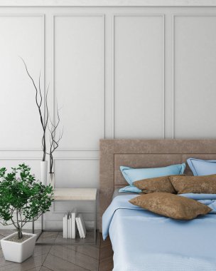 modern iç arka plan yatak ve masa, 3d resim, 3d render ile alay