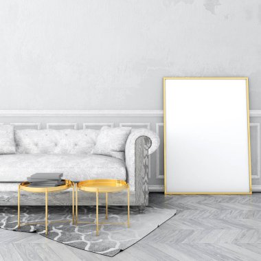 poster çerçevesi eski sıva duvar ve kadife koltuk, gri halı ile eski ahşap zemin üzerinde vintage iç alay. 3D render