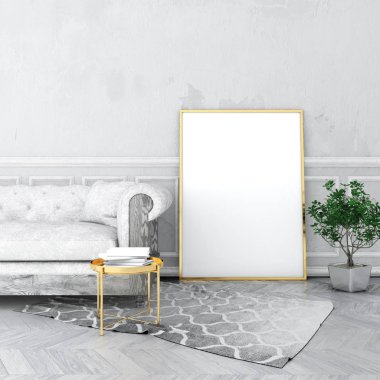 poster çerçevesi eski sıva duvar ve kadife koltuk, gri halı ile eski ahşap zemin üzerinde vintage iç alay. 3D render