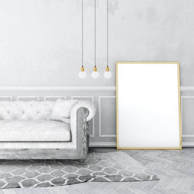 poster çerçevesi eski sıva duvar ve kadife koltuk, gri halı ile eski ahşap zemin üzerinde vintage iç alay. 3D render