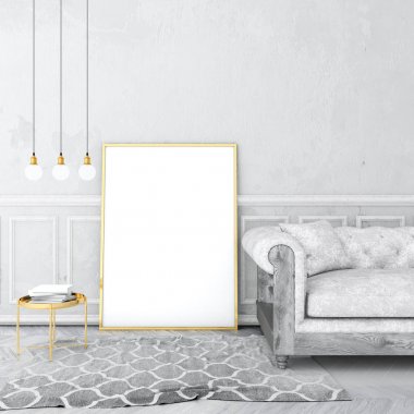 poster çerçevesi eski sıva duvar ve kadife koltuk, gri halı ile eski ahşap zemin üzerinde vintage iç alay. 3D render