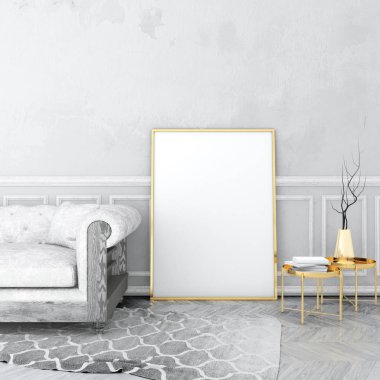 poster çerçevesi eski sıva duvar ve kadife koltuk, gri halı ile eski ahşap zemin üzerinde vintage iç alay. 3D render