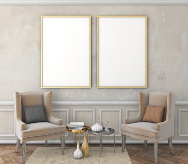 poster çerçevesi eski sıva duvar silme ile alay. Vintage iç kahverengi parke zemin ve sandalye ile. 3D render