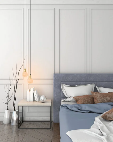 Håna upp moderna interiör bakgrund med säng och bord, 3d illustration, 3d render — Stockfoto