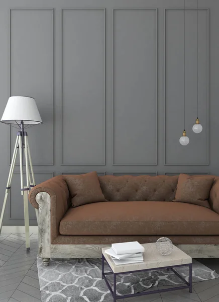 Håna upp grå interiör bakgrund med soffa, bord och matta, klassisk stil, 3d render — Stockfoto