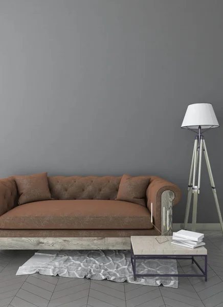 Håna upp grå interiör bakgrund med soffa, bord och matta, klassisk stil, 3d render — Stockfoto