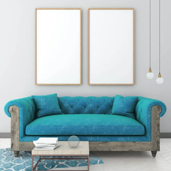 poster çerçevesi mavi koltuk, halı ve tablo, Klasik stil, 3d render ile ışık iç arka plan dalga