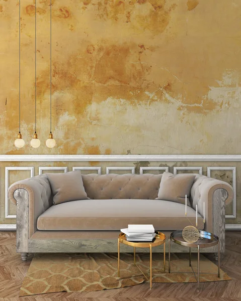 Sarı sıva beyaz duvar kalıp duvar, bej kanepe ve kahverengi halı ile klasik iç alay. 3D render