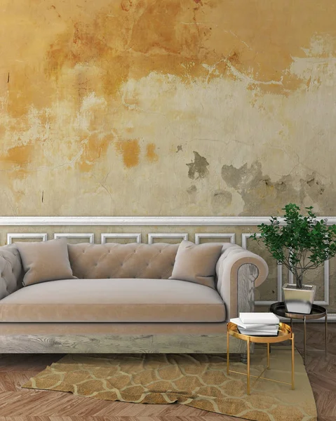 Håna upp klassiska interiör med gult gips vägg, vita lister på väggen, beige soffa och brun matta. 3D render — Stockfoto