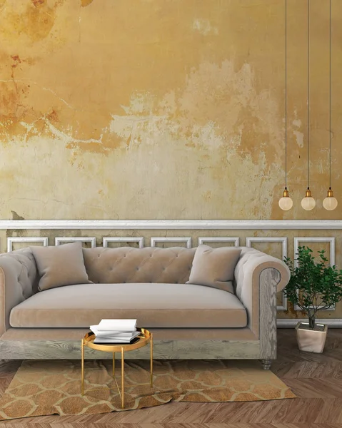 Sarı sıva beyaz duvar kalıp duvar, bej kanepe ve kahverengi halı ile klasik iç alay. 3D render