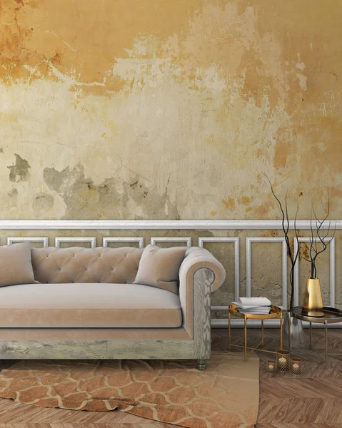 Sarı sıva beyaz duvar kalıp duvar, bej kanepe ve kahverengi halı ile klasik iç alay. 3D render