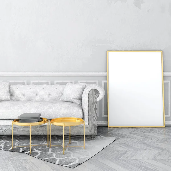 poster çerçevesi eski sıva duvar ve kadife koltuk, gri halı ile eski ahşap zemin üzerinde vintage iç alay. 3D render