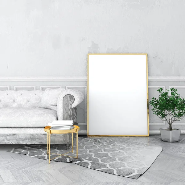 poster çerçevesi eski sıva duvar ve kadife koltuk, gri halı ile eski ahşap zemin üzerinde vintage iç alay. 3D render