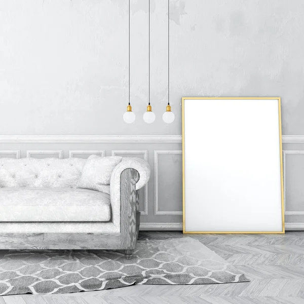 poster çerçevesi eski sıva duvar ve kadife koltuk, gri halı ile eski ahşap zemin üzerinde vintage iç alay. 3D render