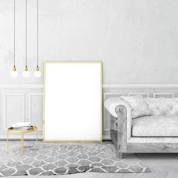 poster çerçevesi eski sıva duvar ve kadife koltuk, gri halı ile eski ahşap zemin üzerinde vintage iç alay. 3D render