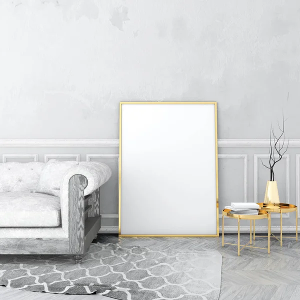 poster çerçevesi eski sıva duvar ve kadife koltuk, gri halı ile eski ahşap zemin üzerinde vintage iç alay. 3D render