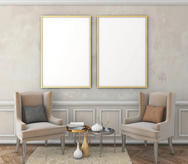 poster çerçevesi eski sıva duvar silme ile alay. Vintage iç kahverengi parke zemin ve sandalye ile. 3D render