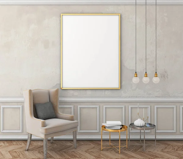 poster çerçevesi eski sıva duvar silme ile alay. Vintage iç kahverengi parke zemin ve sandalye ile. 3D render