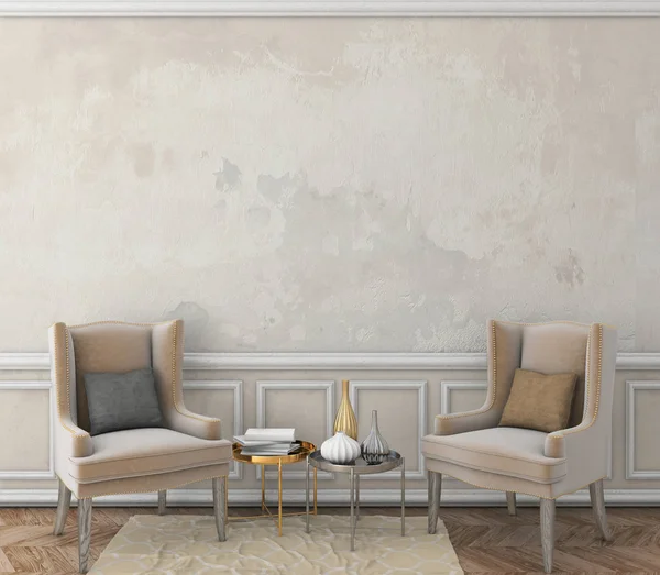 poster çerçevesi eski sıva duvar silme ile alay. Vintage iç kahverengi parke zemin ve sandalye ile. 3D render