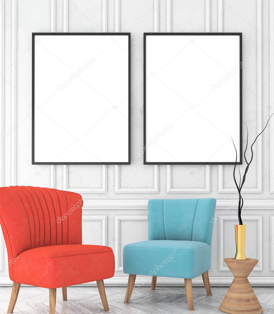 mock up poster frame on white plaster wall. vintage interior with white parquet floor and chairs. 3d render