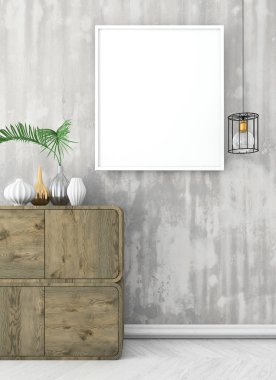 poster çerçevesi eski beton duvar kadar alay et. Vintage iç beyaz zemin ve kahverengi tuvalet ile. 3D render