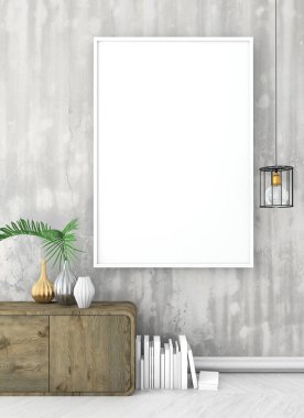 poster çerçevesi eski beton duvar kadar alay et. Vintage iç beyaz zemin ve kahverengi tuvalet ile. 3D render