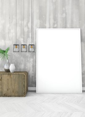 poster çerçevesi eski beton duvar kadar alay et. Vintage iç beyaz zemin ve kahverengi tuvalet ile. 3D render