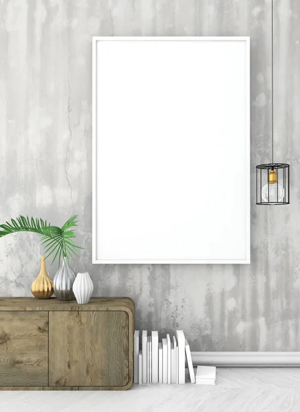 mock up poster frame on old concrete wall. vintage interior with white floor and brown commode. 3d render