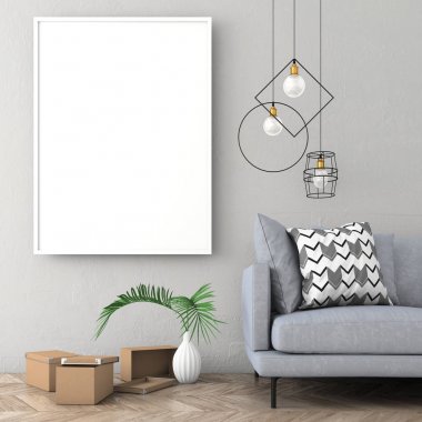 Poster çerçevesi İskandinav iç açık renk duvar ve eski parke ile alay. 3D render