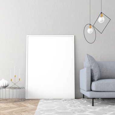 Poster çerçevesi İskandinav iç açık renk duvar ve eski parke ile alay. 3D render