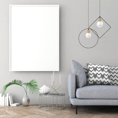 Poster çerçevesi İskandinav iç açık renk duvar ve eski parke ile alay. 3D render