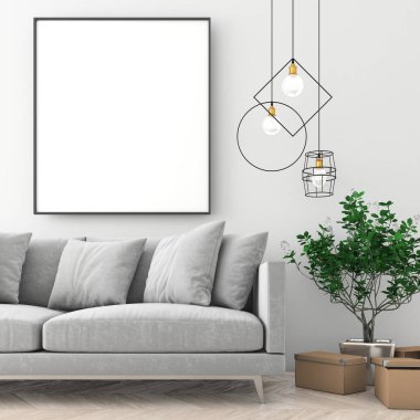 Poster çerçevesi İskandinav iç açık renk duvar ve eski parke ile alay. 3D render