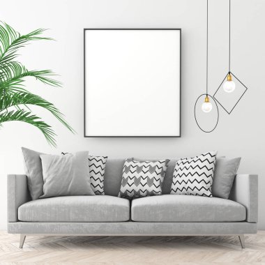 Poster çerçevesi İskandinav iç açık renk duvar ve eski parke ile alay. 3D render