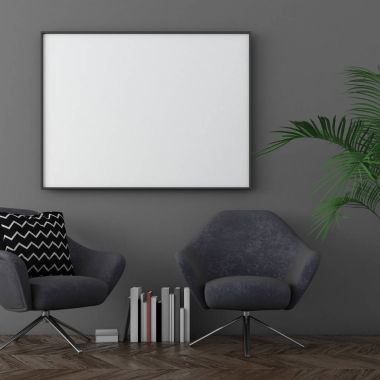 Poster çerçevesi yumuşak mobilyalar, İskandinav tarzı, 3d render ile karanlık iç arka plan dalga