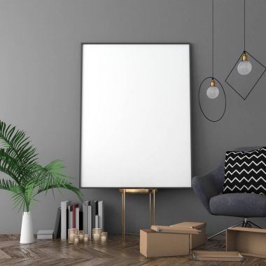 Poster çerçevesi yumuşak mobilyalar, İskandinav tarzı, 3d render ile karanlık iç arka plan dalga